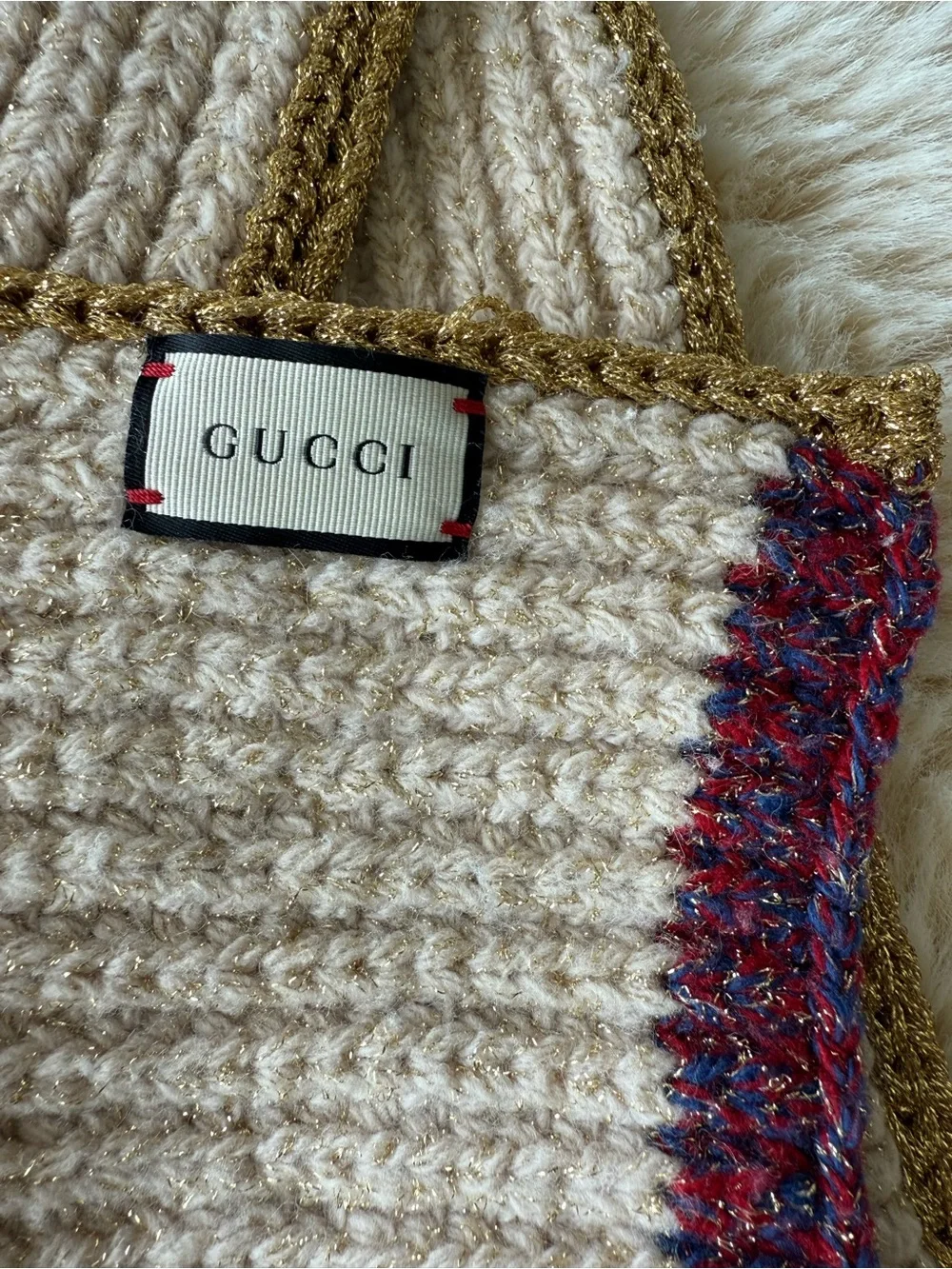Gucci Cream Knit Kids Scarf with Gold Trim and Multicolor Sequin Stars